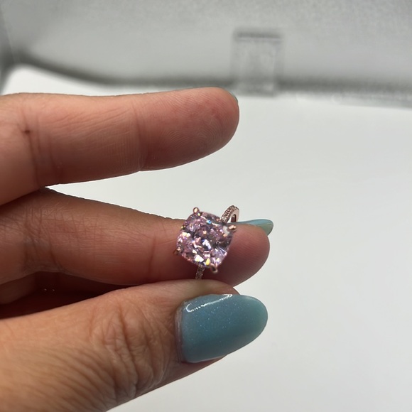 Diamond Under Halo Ring with 5 Carat Cushion Cut‎ Morganite Engagement Ring - Picture 13 of 17